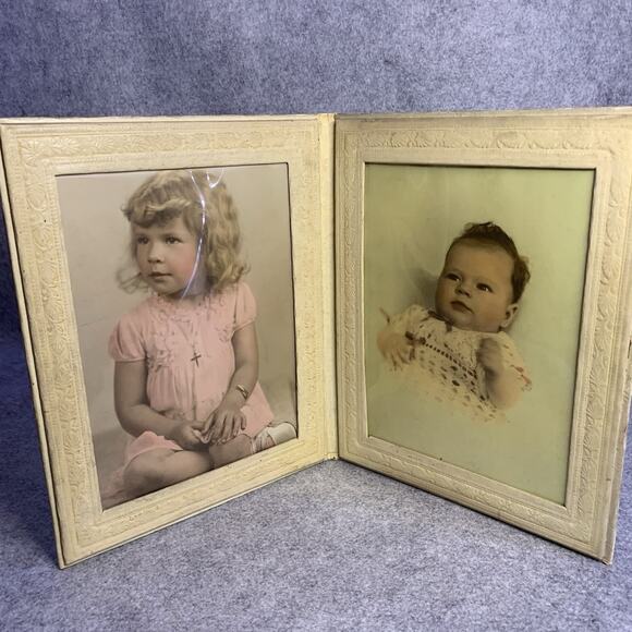 Vintage Photographs In Leather Folio, Two Hand Tinted Portraits Young Girl - Picture 1 of 9